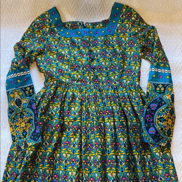 Handmade Long Sleeved Floral Geometric Bohemian Maxi Dress Vibrant Hippie - Picture 2 of 13